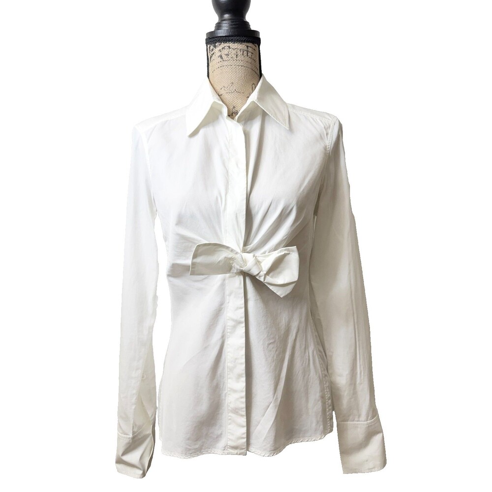 Gucci White Cotton Bow Detail Button Front Blouse Shirt Italy 44 US 8